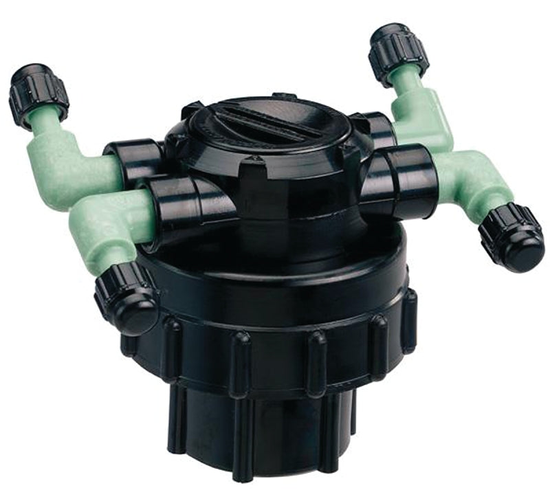 Orbit 67005 Manifold, 1/2 x 1/4 in Connection, Thread x Barb, 4-Port, 1/4 in Tubing, Plastic, Black