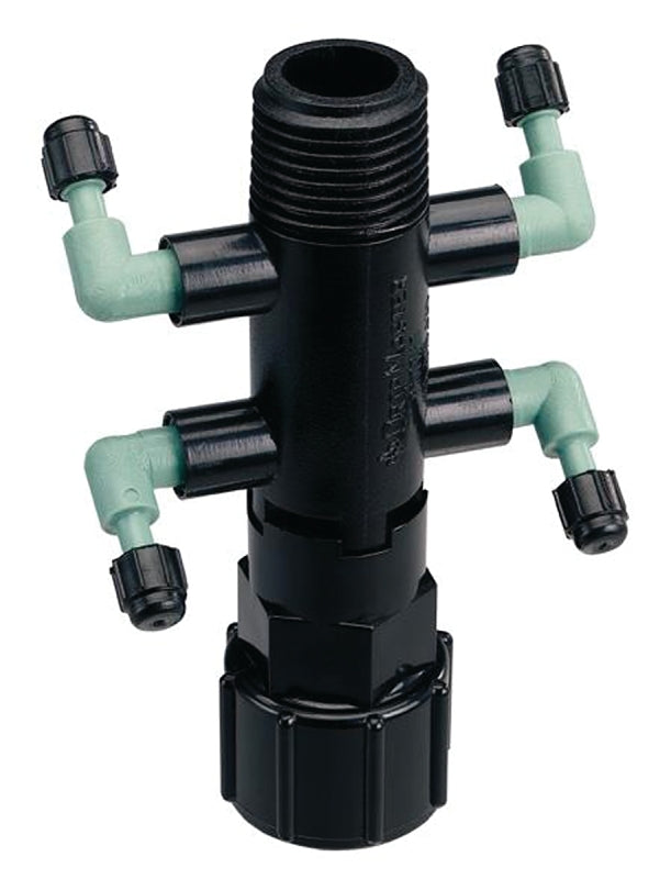 Orbit 67060 Manifold, 1/2 x 1/4 in Connection, Thread x Barb, 4-Port, 1/4 in Tubing, Black