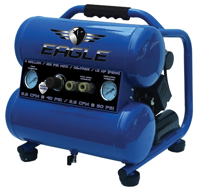 Eagle Silent Series EA-4000 Portable Air Compressor, Electric, 4 gal Tank, 1 hp, 115 VAC, 125 psi Pressure, 1-Stage