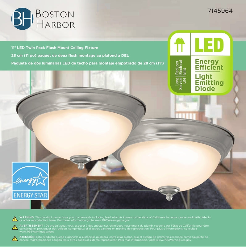 Boston Harbor 4200-LED- BN Flush-Mount Ceiling Fixture, 120 V, 15 W, 2-Lamp, LED Lamp, 1100 Lumens, 3000 K Color Temp