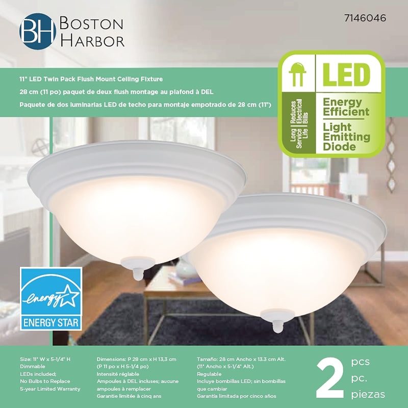 Boston Harbor 4200-LED- WH Flush-Mount Ceiling Fixture, 120 V, 15 W, 2-Lamp, LED Lamp, 1100 Lumens, 3000 K Color Temp