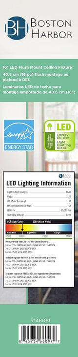 Boston Harbor CL202AC Flush-Mount Ceiling Fixture, 120 V, 24 W, 1-Lamp, LED Lamp, 1680 Lumens, 3000 K Color Temp