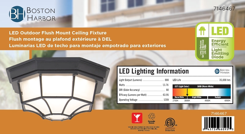 Boston Harbor LED-3003M Flush-Mount Ceiling Fixture, 120 V, 13.76 W, 1-Lamp, LED Lamp, 880 Lumens, 3000 K Color Temp