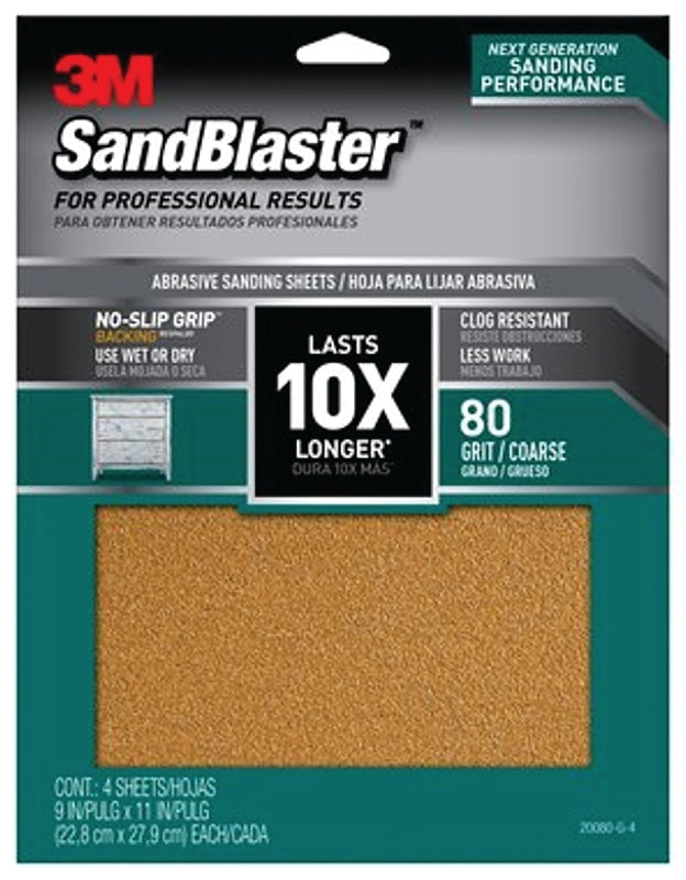3M SandBlaster Series 20080-G-4 Sandpaper, 11 in L, 9 in W, 80 Grit, Coarse, Aluminum Oxide Abrasive, 4/PK