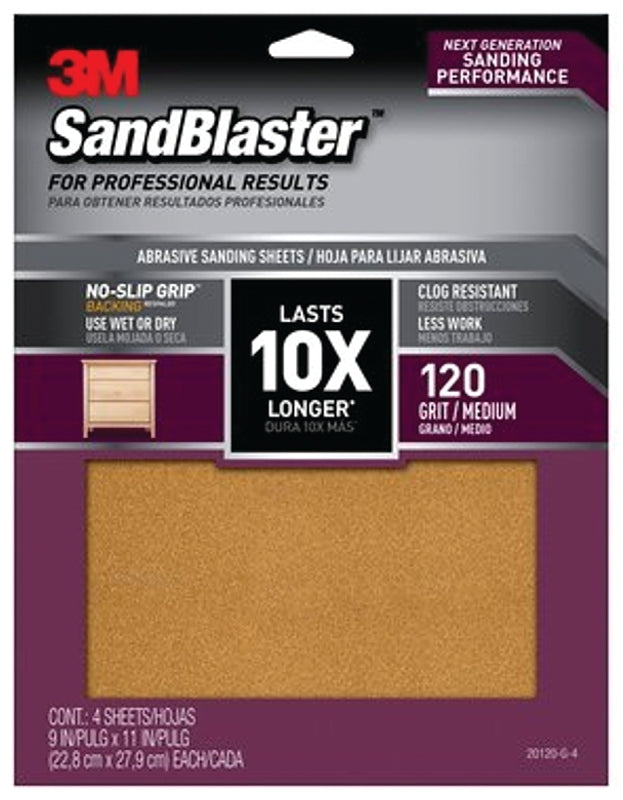 3M SandBlaster Series 20120-G-4 Sandpaper, 11 in L, 9 in W, 120 Grit, Medium, Aluminum Oxide Abrasive, 4/PK