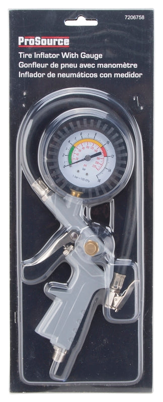 ProSource DQ1103L Tire Inflator with Gauge, 0 to 220 psi Pressure, 0 to 220 psi, Metal, Gray
