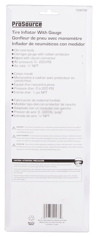 ProSource DQ1103L Tire Inflator with Gauge, 0 to 220 psi Pressure, 0 to 220 psi, Metal, Gray