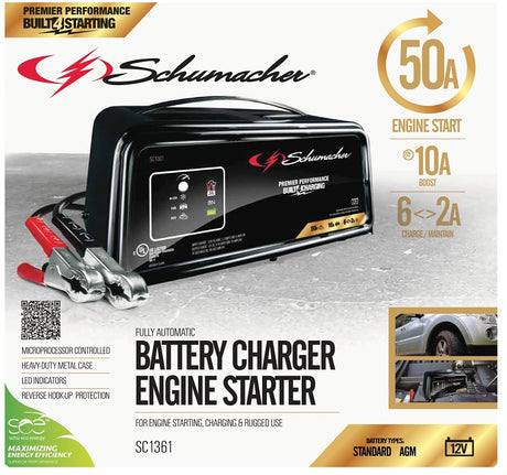 Schumacher SC1361 Battery Charger, 12 V Output, 2, 10, 50 A Charge, 50 A Engine Start