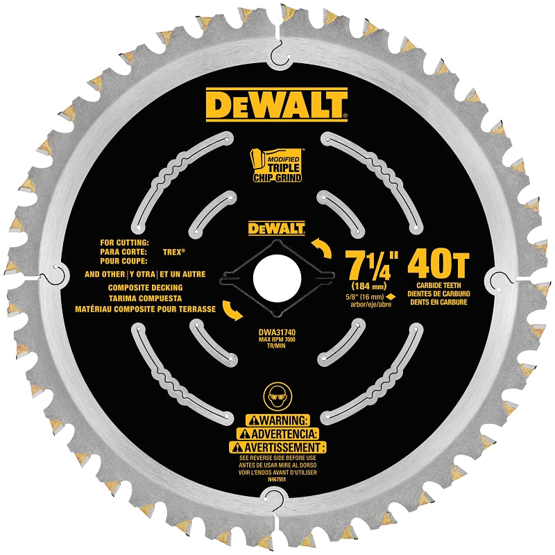 DEWALT DWA31740 Decking Saw Blade, 7-1/4 in Dia, 5/8 in Arbor, 40-Teeth