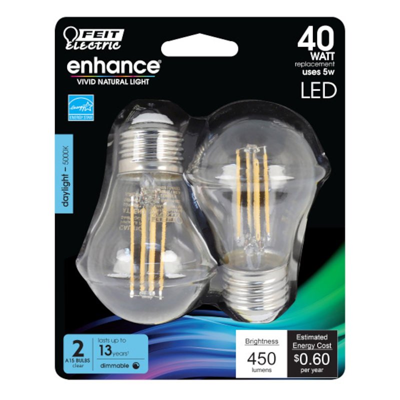 Feit Electric BPA1540/950CA/FIL/2 LED Bulb, General-Purpose, A15 Lamp, 40 W Equivalent, E26 Lamp Base, Dimmable, Clear