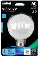 Feit Electric BPG2560W/950CA/FIL LED Bulb, Globe, 500 Lumens, 5.5 W, G25 Lamp, 60 W Equivalent, E26 Lamp Base, Dimmable