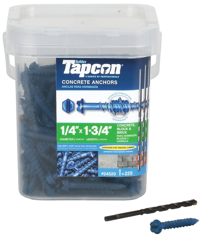 Tapcon 24520 Screw Anchor, 1-3/4 in L, Hex Drive, Steel, Climaseal