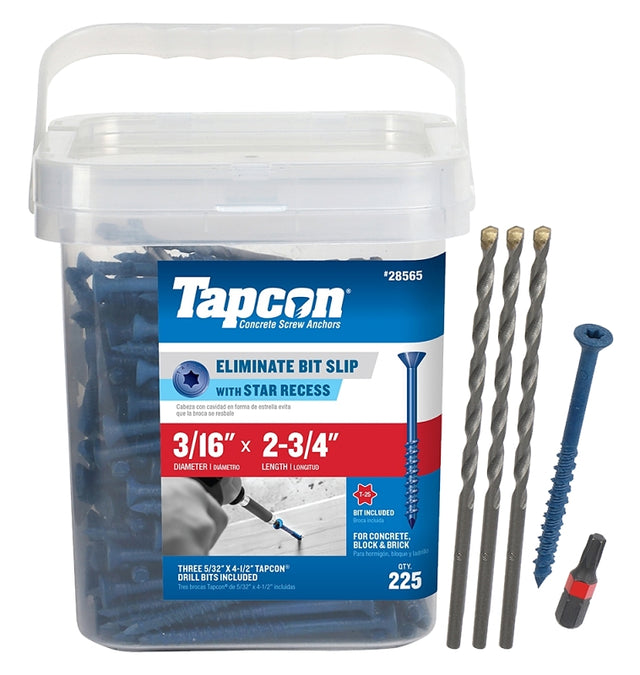 Tapcon 28565 Concrete Screw Anchor, T25 Screw, 3/16 in Dia, 2-3/4 in L, Steel, Climaseal, 225/PK