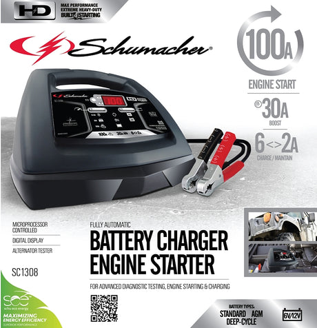 Schumacher SC1308 Battery Charger/Engine Starter, 4 A Continuous, 19 A Intermittent Input, 6/12 V Output, AGM Battery