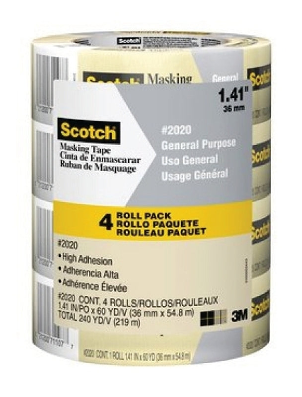 Scotch 2020-36ECP Masking Tape, 60 yd L, 1.4 in W, 0.13 mm Thick, Crepe Paper Backing, Tan