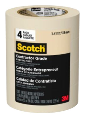 Scotch 2020-36ECP Masking Tape, 60 yd L, 1.4 in W, 0.13 mm Thick, Crepe Paper Backing, Tan