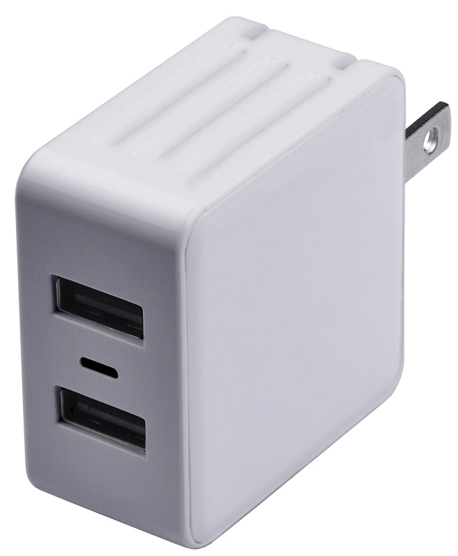 Zenith PM1002UW31 Dual USB Wall Charger, 100 to 240 V Input, 5 VDC Output, Foldable Plug, White