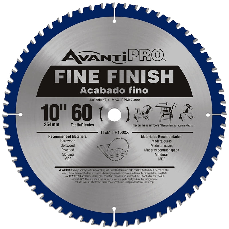 Avanti Pro P1060X Circular Saw Blade, 10 in Dia, 5/8 in Arbor, Carbide Cutting Edge, 60-Teeth