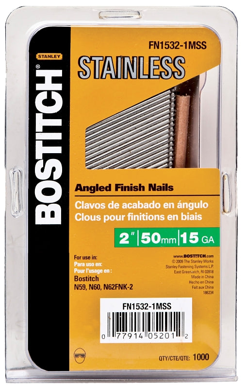 Bostitch FN1532-1MSS Finish Nail, 2 in L, 15 ga Gauge, Steel