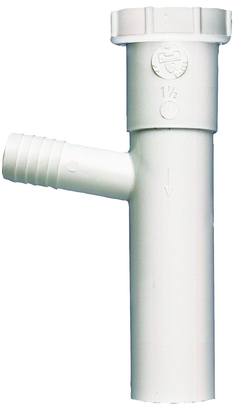 Plumb Pak PP66-4W Dishwasher Tailpiece, 1-1/2 in, 8 in L, Slip-Joint, 3/4 in Branch, Plastic, White
