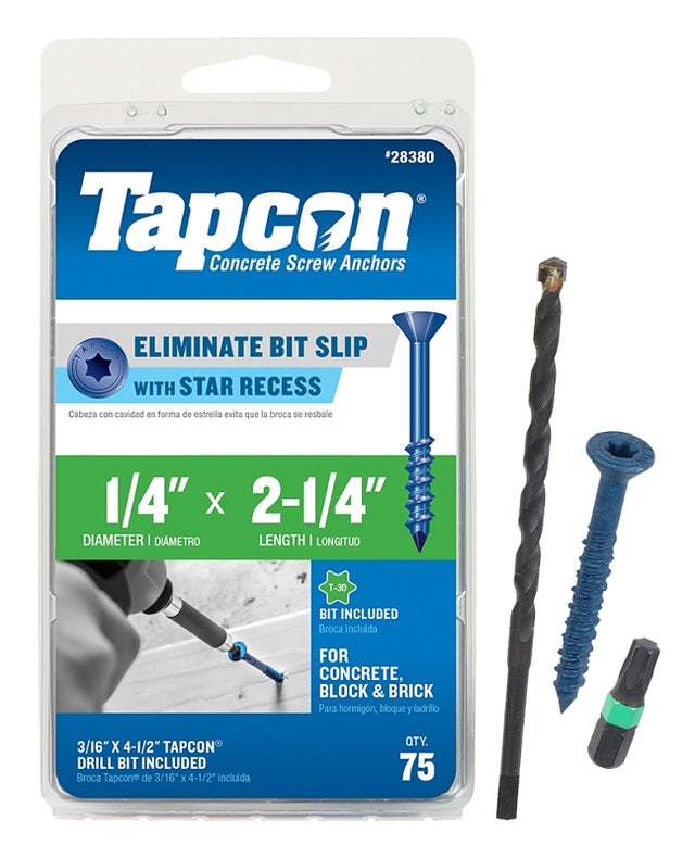 Tapcon 28380 Concrete Screw Anchor, T30 Screw, 1/4 in Dia, 2-1/4 in L, Steel, Climaseal, 75/PK