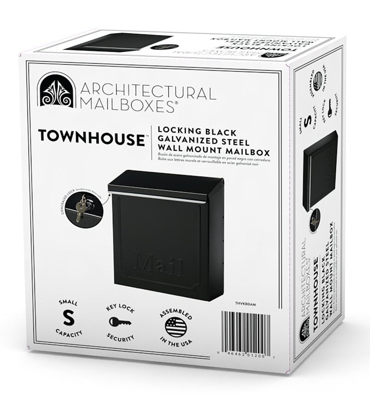 Gibraltar Mailboxes Townhouse THVKB001 Mailbox, 260 cu-in, Steel, Powder-Coated, Black, 8.6 in W, 4.1 in D, 10.1 in H