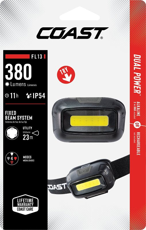 Coast FL13 Headlight, AAA Battery, LED Lamp, 250 Lumens, 68 ft Beam Distance, 13 hr Run Time, Black