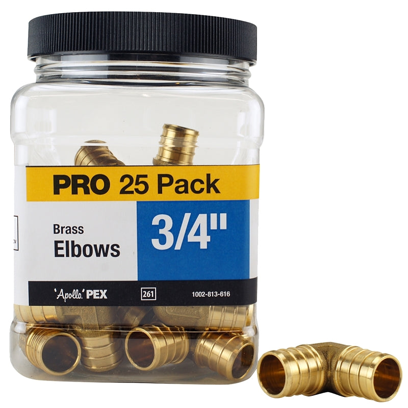 Apollo APXE3425JR Pipe Elbow, 3/4 in, Barb, 90 deg Angle, Brass, 200 psi Pressure, 25/PK