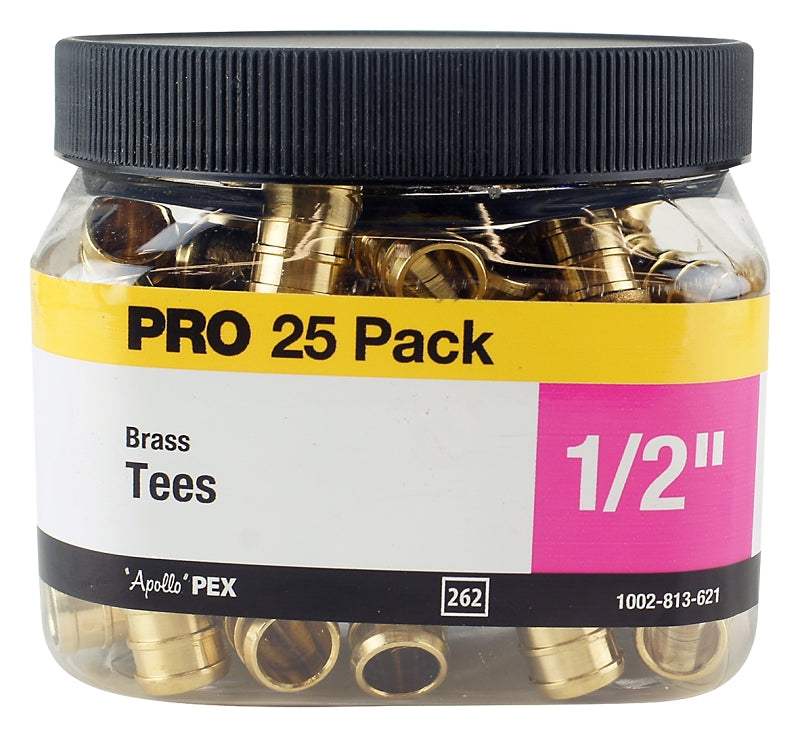 Apollo APXT1225JR Pipe Tee, 1/2 in, Barb, Brass, 200 psi Pressure, 25/PK