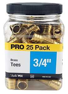 Apollo APXT3425JR Pipe Tee, 3/4 in, Barb, Brass, 200 psi Pressure, 25/PK