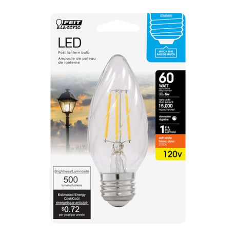 Feit Electric BPF1560/827/FILED LED Bulb, Decorative, F15 Lamp, 60 W Equivalent, E26 Lamp Base, Dimmable, Clear, Pack of 6