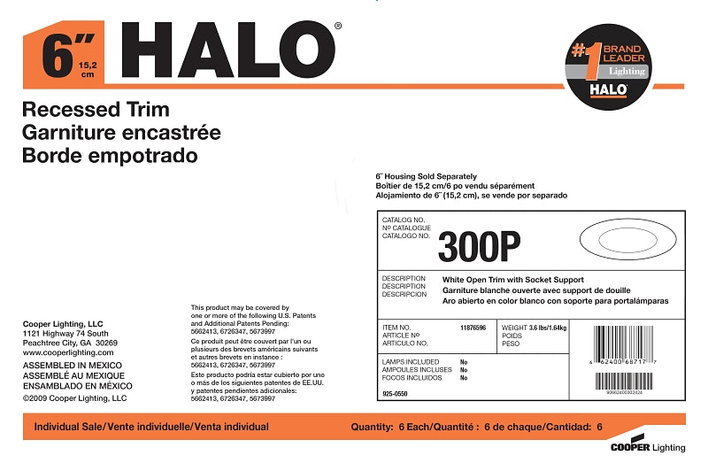 Halo 300P Recessed Light Trim, 6 in Dia, 4-3/4 in OAH, Metal Body, White