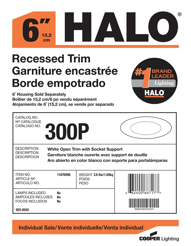 Halo 300P Recessed Light Trim, 6 in Dia, 4-3/4 in OAH, Metal Body, White