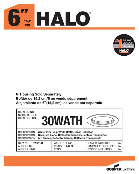 Halo 30WATH Baffle Trim, 6 in Dia, 5 in OAH, Metal Body, White