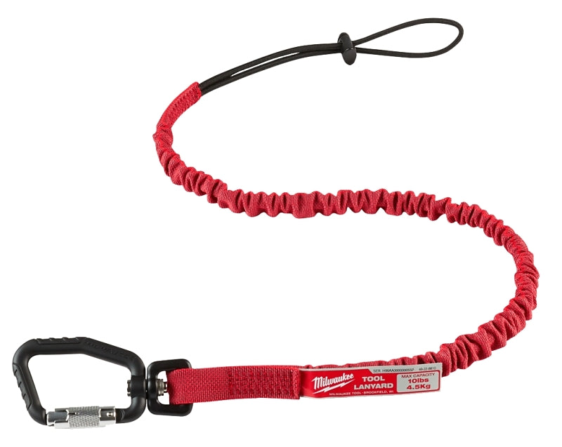 Milwaukee 48-22-8810 Locking Tool Lanyard, 36.3 in L, 10 lb Working Load, Rubber/Nylon Line, Red, Carabiner End Fitting