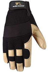 Wells Lamont 3214-M Adjustable Work Gloves, Men's, M, Reinforced Thumb, Spandex Back, Black/Brown/Tan