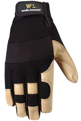 Wells Lamont 3214-M Adjustable Work Gloves, Men's, M, Reinforced Thumb, Spandex Back, Black/Brown/Tan