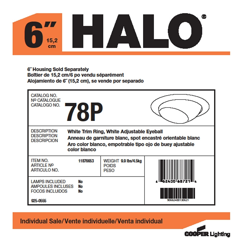 Halo 78P Recessed Light Trim, 6 in Dia, 4-1/8 in OAH, Metal Body, White