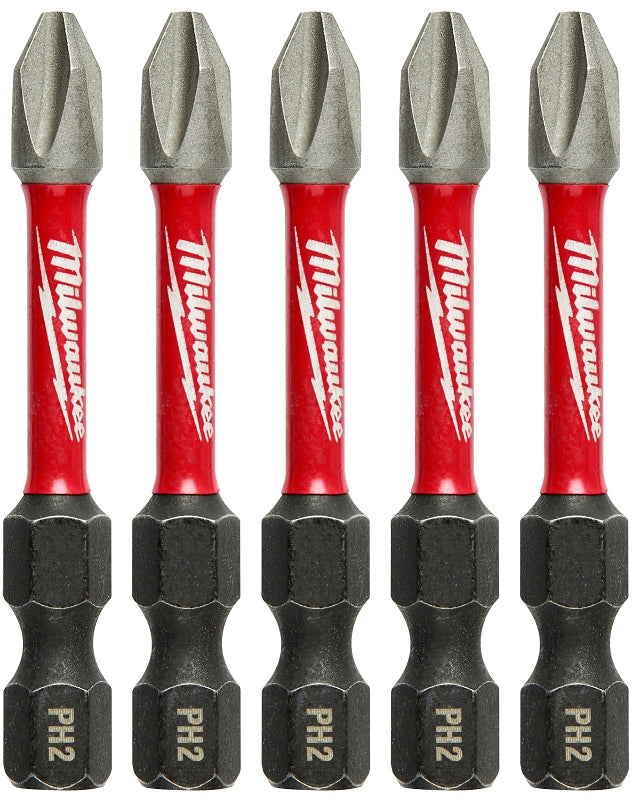 Milwaukee SHOCKWAVE 48-32-4602 Power Bit, #2 Drive, Phillips Drive, 1/4 in Shank, Hex Shank, 2 in L, Steel, 5/PK