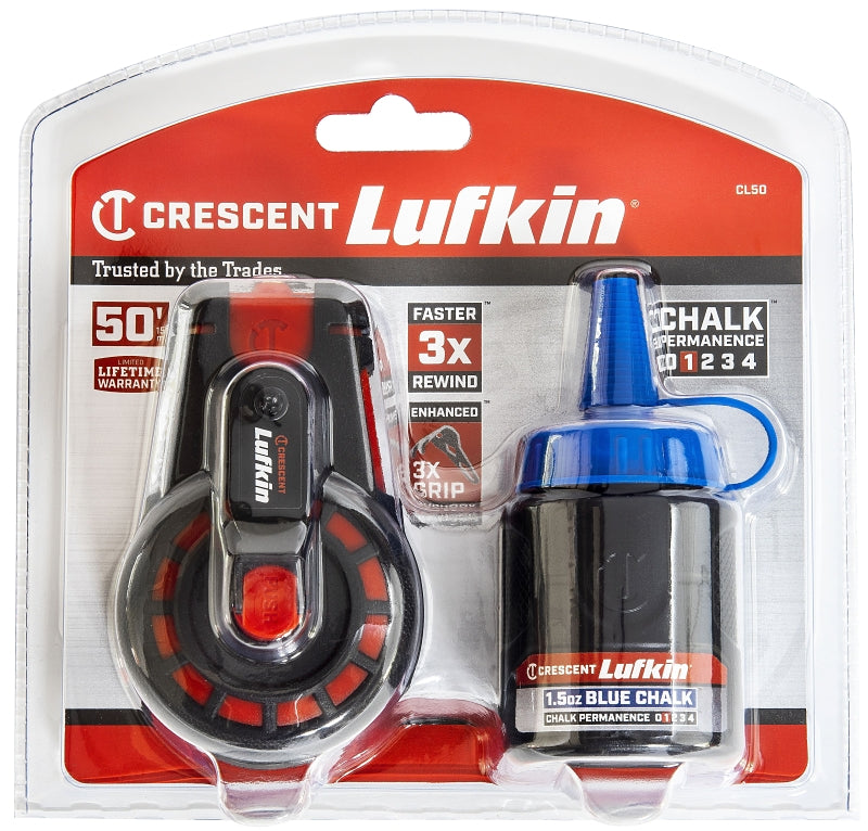 Crescent Lufkin CL50 Compact Chalk Reel, 50 ft L Line, Gear Rewind, 3:1 Gear Ratio