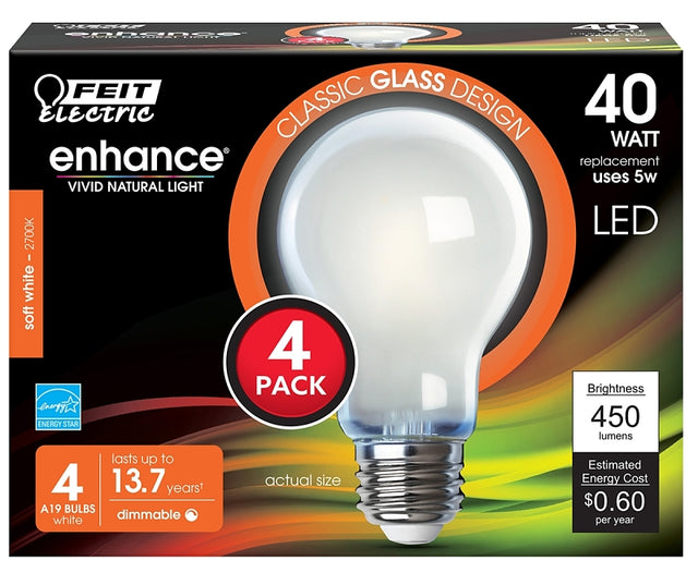 Feit Electric A1940/927CA/FIL/4 LED Bulb, General-Purpose, A19 Lamp, 40 W Equivalent, E26 Medium Lamp Base, Dimmable, Pack of 6