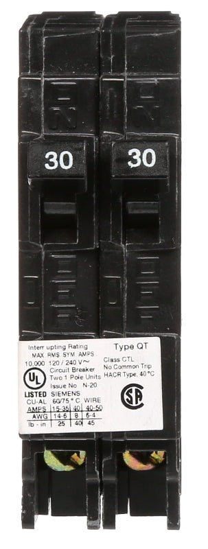 Siemens Q3030 Low Voltage Circuit Breaker, Type QT, 30 A, 1-Pole, 120 VAC, Plug