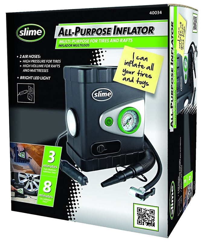 Slime 40034 Deluxe All Purpose Tire Inflator, 12 V, 0 to 100 psi Pressure, Dial Gauge