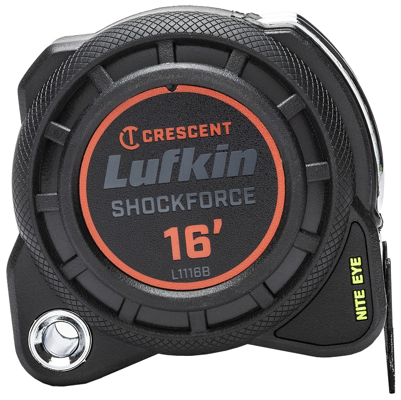 Crescent Lufkin Shockforce Nite Eye Series L1116B Tape Measure, 16 ft L Blade, 1-3/16 in W Blade, Steel Blade