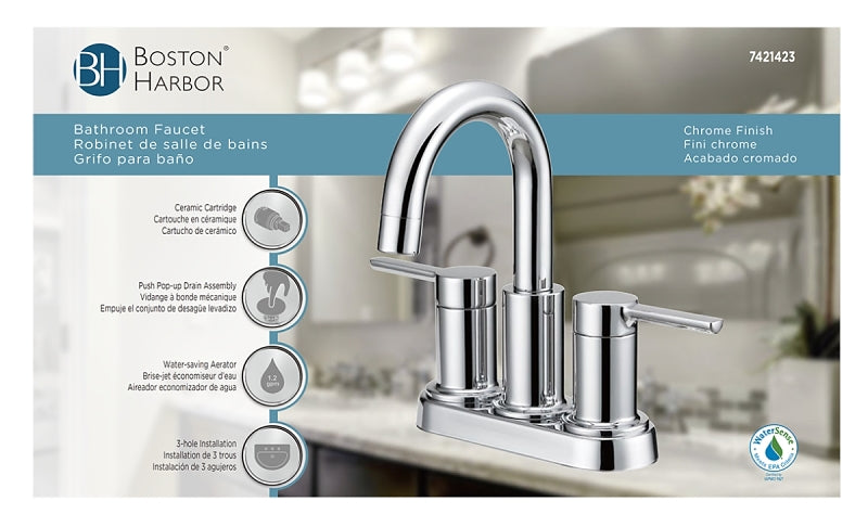 Boston Harbor TOBI22010008CP Lavatory Faucet, 1.2 gpm, 2-Handle, 3-Faucet Hole, Metal/Plastic, Chrome