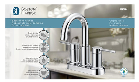 Boston Harbor TOBI22010008CP Lavatory Faucet, 1.2 gpm, 2-Handle, 3-Faucet Hole, Metal/Plastic, Chrome