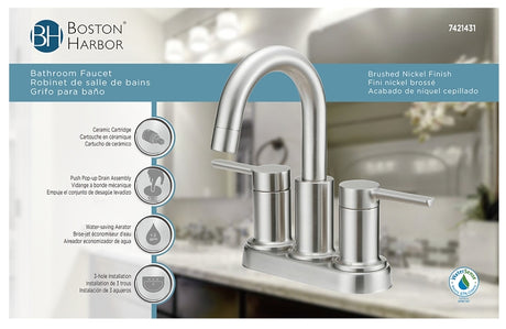 Boston Harbor TOBI22010009NP Lavatory Faucet, 1.2 gpm, 2-Handle, 3-Faucet Hole, Metal/Plastic, Brushed Nickel