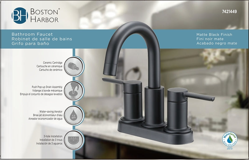 Boston Harbor TOBI22010010BL Lavatory Faucet, 1.2 gpm, 2-Handle, 3-Faucet Hole, Metal/Plastic, Matte Black