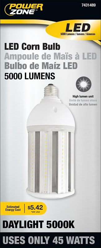 PowerZone O-CB-5-26BW LED Bulb, Corn Cob, E26 Lamp Base, Clear, Daylight Light