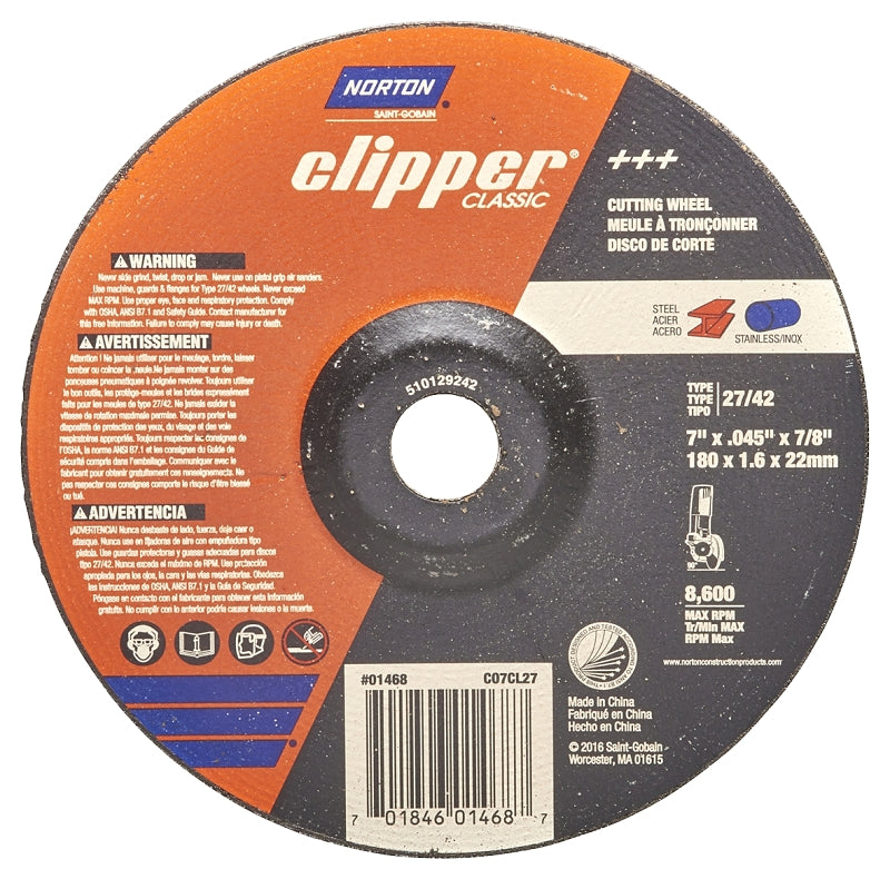 Norton Clipper Classic A AO Series 70184601468 Cut-Off Wheel, 7 in Dia, 1/16 in Thick, 7/8 in Arbor, 36 Grit